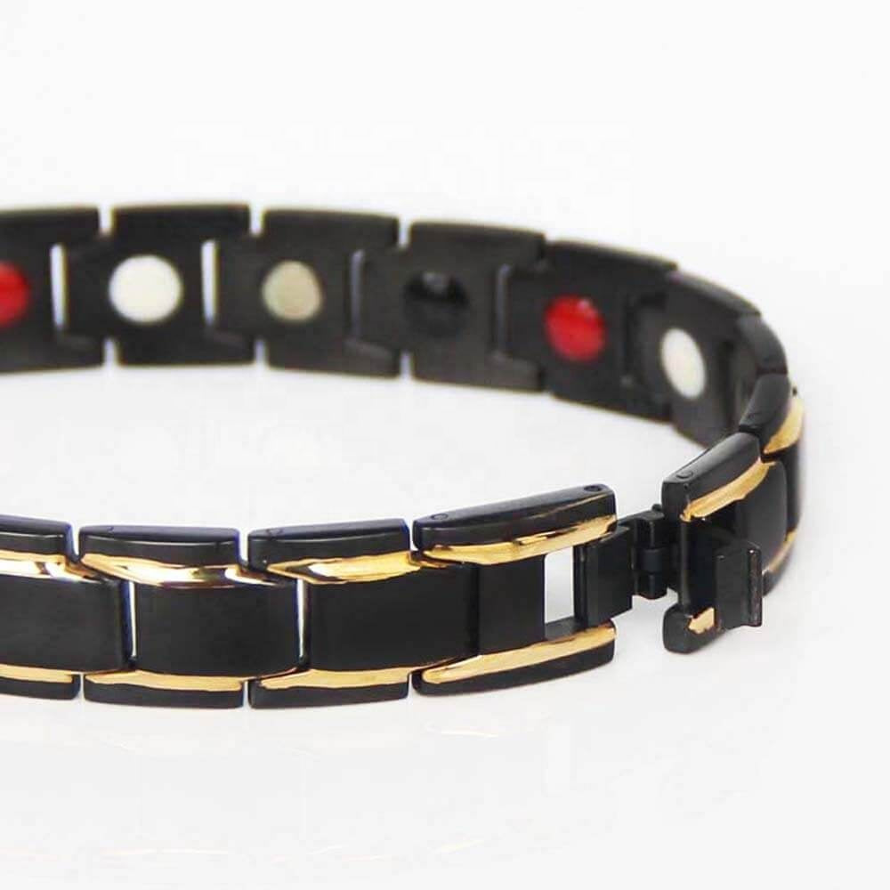 Alpha Men in Black Look - Pure Black and Gold = Magnetic Therapy Link Bracelet, with 4 Health Elements