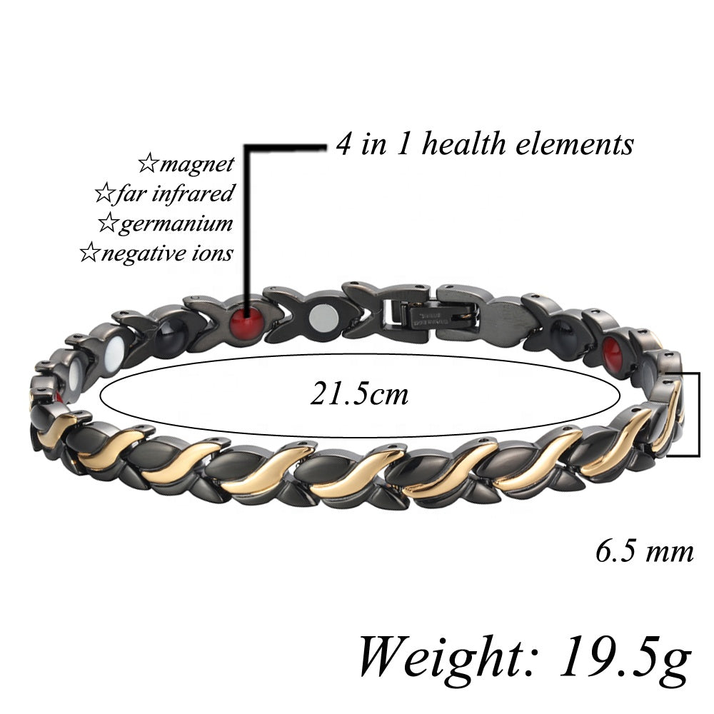 Chic and Elegant, Black and Gold, Magnetic Therapy Link Bracelet, with 4 Health Elements