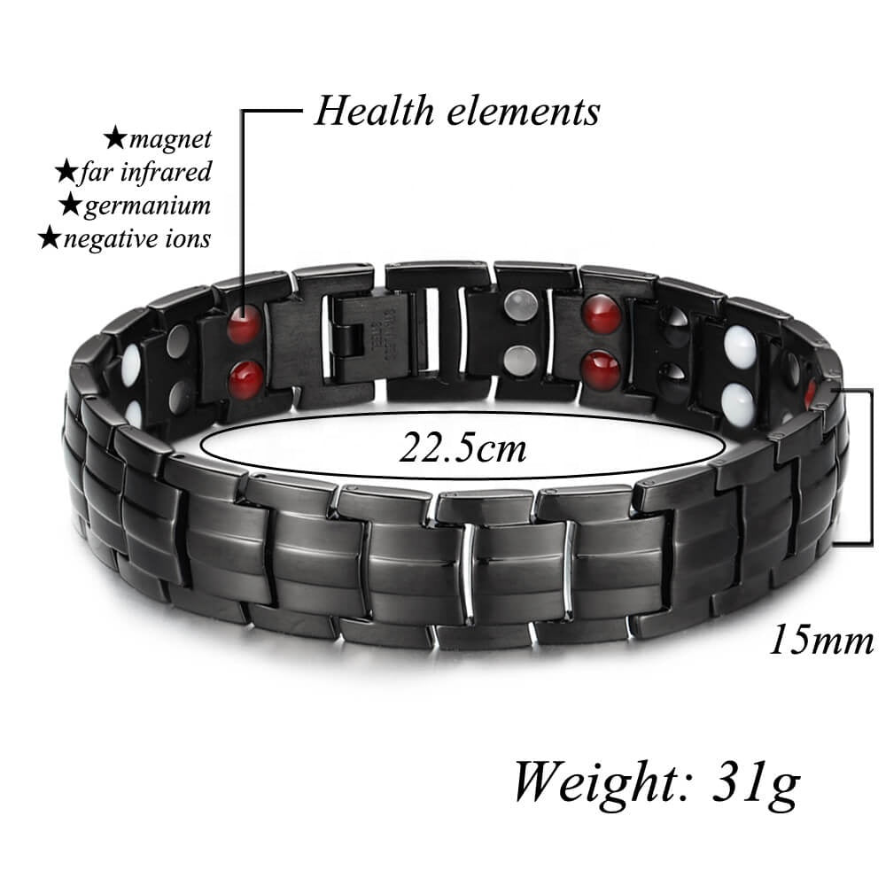 Alpha Men in Black Look - Pure Black - Magnetic Therapy Link Bracelet - with 4 Health Elements