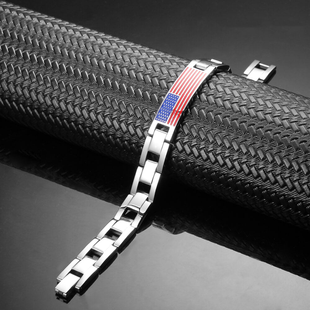 My Copper, American Patriot Flag Magnetic Link Bracelet – Adjustable w/Security Clasp & Inside Engraving (Silver)