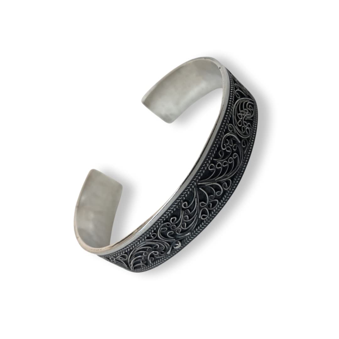 Sterling Silver Open Cuff Bracelet with Intricate Floral Design