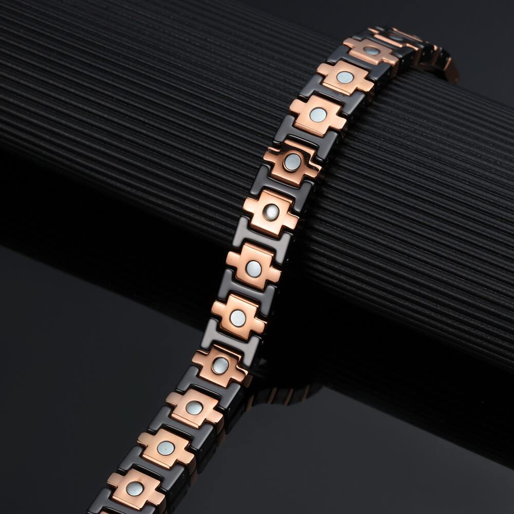 My Copper, Black Ceramic and Rose Gold Magnetic Therapy Link Bracelet, Anti-Allergies Magnetic Bracelets