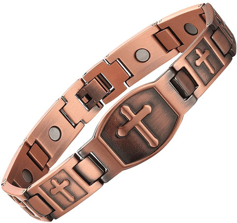 My Copper Christian Cross Design Pure Copper Magnetic Therapy Link Bracelet High Gauge 99.9% Solid Copper with 6 Magnets - Copper Link Magnetic Bracelet with Free Link Removal Tool
