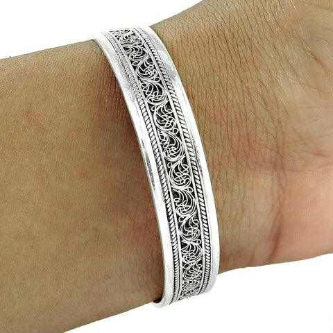 Sterling Silver Cuff Bracelet = Floral Pattern Small