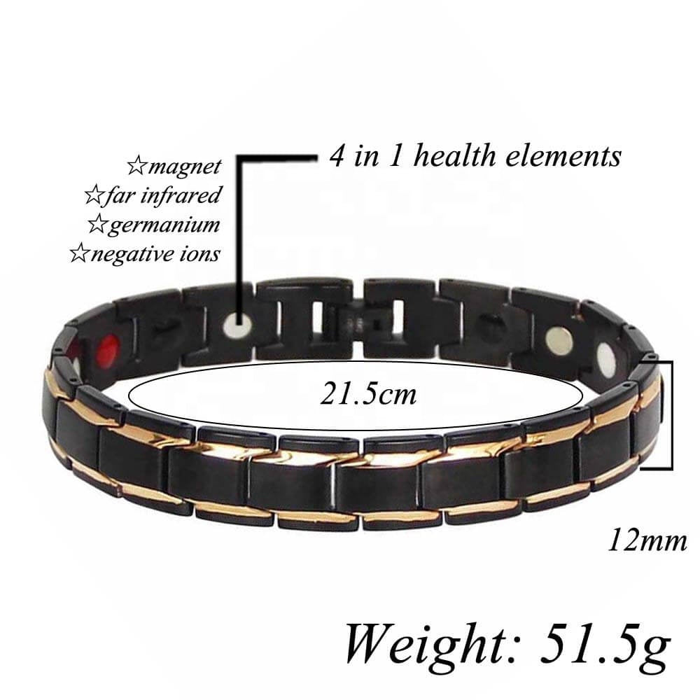 Alpha Men in Black Look - Pure Black and Gold = Magnetic Therapy Link Bracelet, with 4 Health Elements